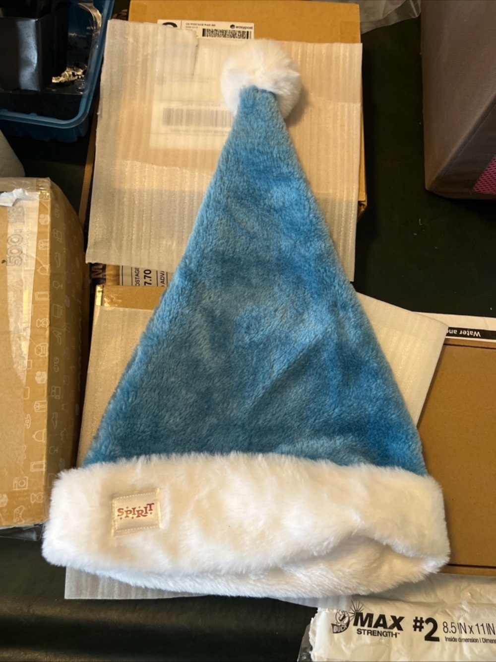 Spirit Light Blue Faux Fur Holiday Hat with White Trim